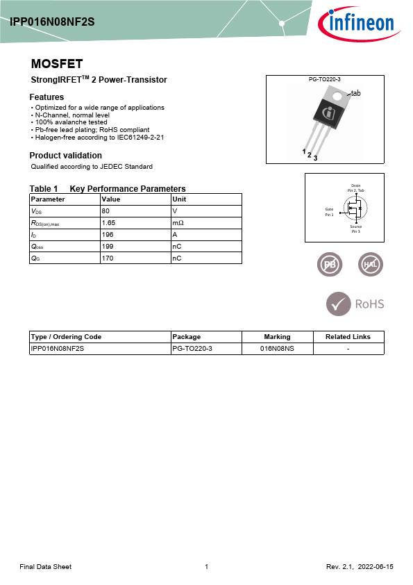 IPP016N08NF2S Datasheet Preview