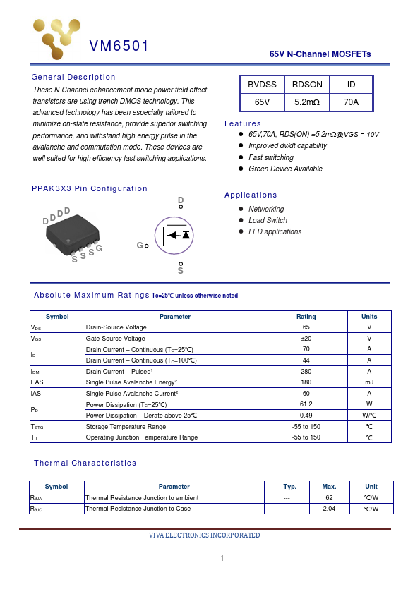 VM6501 65V N-Channel MOSFET by Viva Electronics - Datasheet Preview