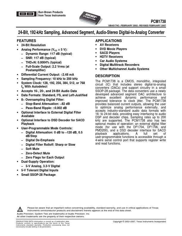 PCM1738 24-Bit Stereo Audio DIGITAL-TO-ANALOG CONVERTER by Burr-Brown - Datasheet Preview