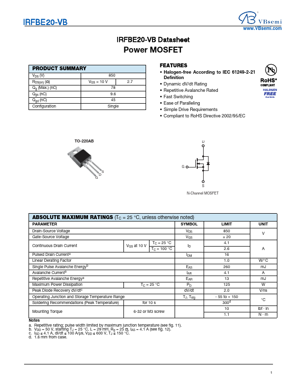 IRFBE20 Datasheet Preview
