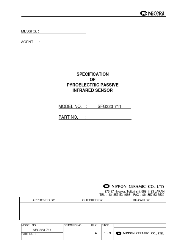 SFG323-711 PYROELECTRIC PASSIVE INFRARED SENSOR by Nippon Ceramic - Datasheet Preview
