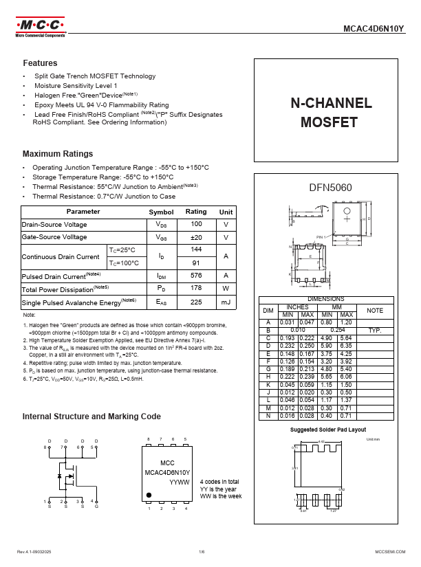 MCAC4D6N10Y N-CHANNEL MOSFET by MCC - Datasheet Preview