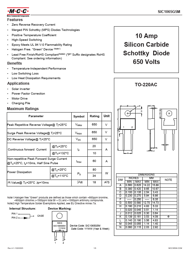 SIC1065G5M 10 Amp Silicon Carbide Schottky Diode by MCC - Datasheet Preview