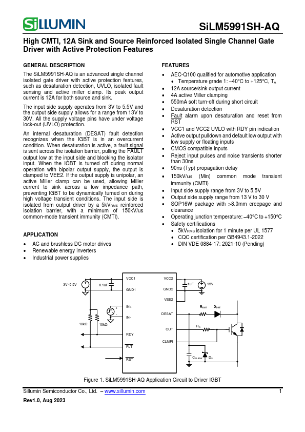 SiLM5991SH-AQ 12A Sink and Source Reinforced Isolated Single Channel Gate Driver by Sillumin - Datasheet Preview