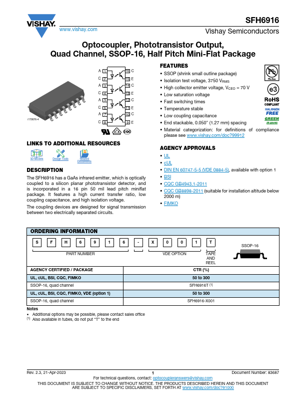 SFH6916 Optocoupler / Phototransistor by Vishay - Datasheet Preview