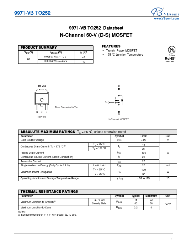 9971 N-Channel 60V MOSFET by VBsemi - Datasheet Preview