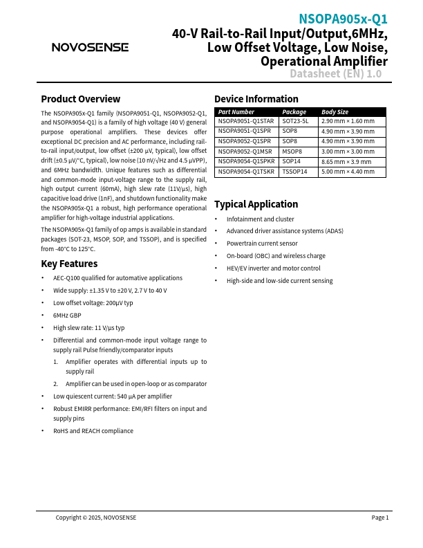 NSOPA9052-Q1 40-V Rail-to-Rail Input/Output Low Offset Voltage Low Noise Operational Amplifier by NOVOSENSE - Datasheet Preview