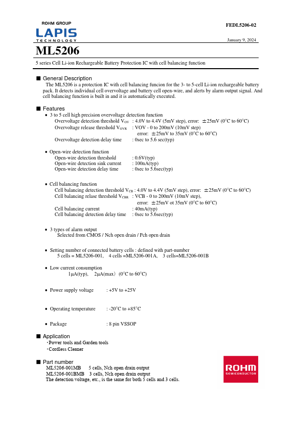 ML5206 Cell Li-ion Rechargeable Battery Protection IC by LAPIS - Datasheet Preview