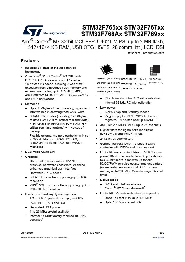 STM32F767ZG 32-bit MCU+FPU by STMicroelectronics - Datasheet Preview