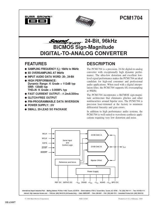 PCM1704 DIGITAL-TO-ANALOG CONVERTER by Burr-Brown - Datasheet Preview