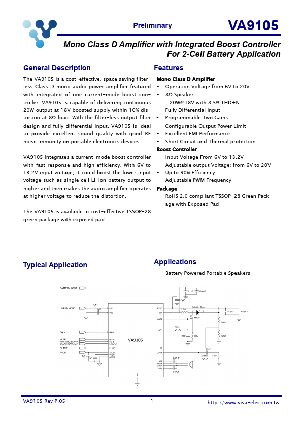 VA9105 Mono Class D Amplifier by Viva Electronics - Datasheet Preview