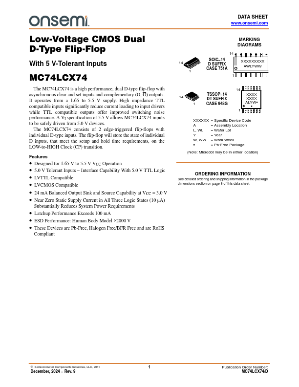 MC74LCX74 Low?Voltage CMOS Dual D?Type Flip?Flop by ON Semiconductor - Datasheet Preview