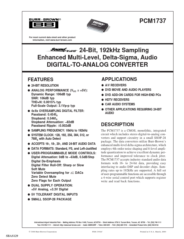 PCM1737 24-Bit Stereo Audio DIGITAL-TO-ANALOG CONVERTER by Burr-Brown - Datasheet Preview