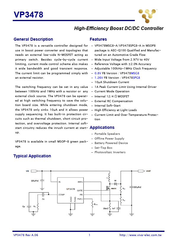 VP3478 High-Efficiency Boost DC/DC Controller by Viva Electronics - Datasheet Preview