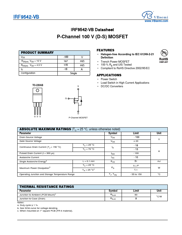 IRF9542 P-Channel 100V MOSFET by VBsemi - Datasheet Preview