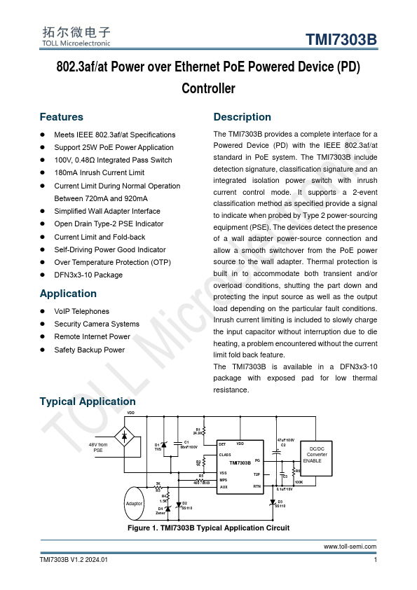 TMI7303B 802.3af/at Power over Ethernet PoE Powered Device by TOLL - Datasheet Preview