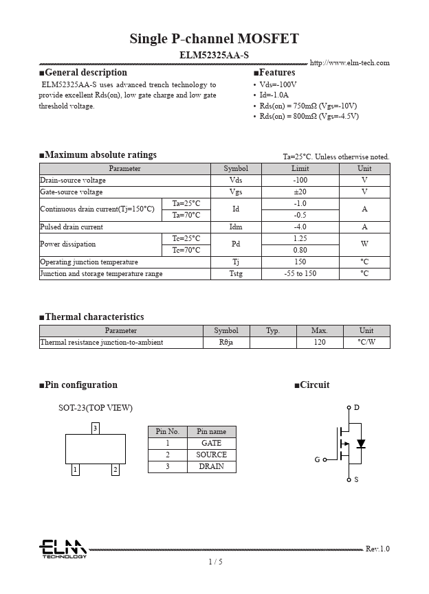 ELM52325AA-S Single P-channel MOSFET by ELM - Datasheet Preview