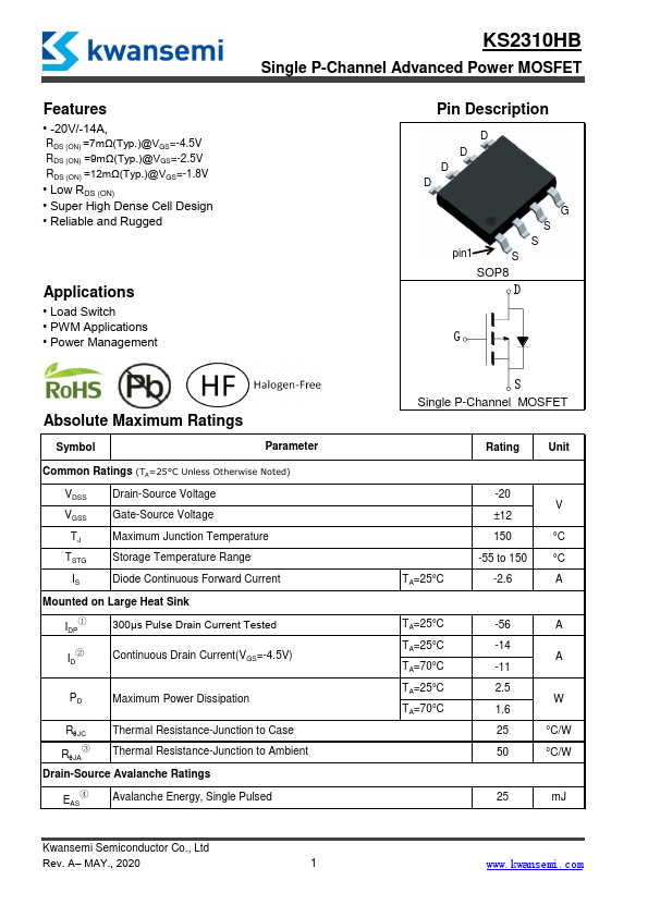 KS2310HB Single P-Channel Advanced Power MOSFET by Kwansemi - Datasheet Preview