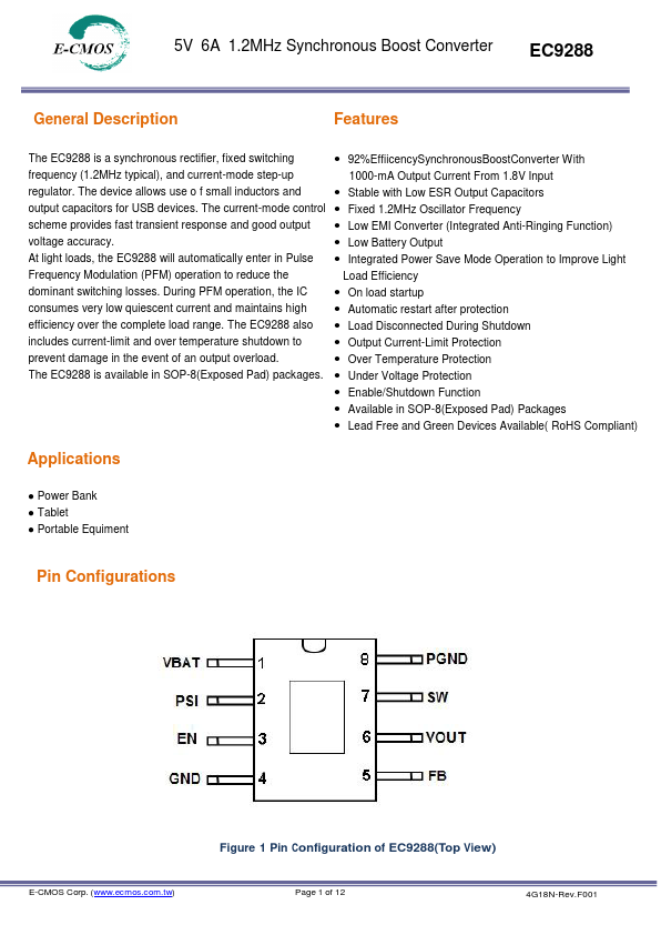EC9288 5V 6A 1.2MHz Synchronous Boost Converter by E-CMOS - Datasheet Preview