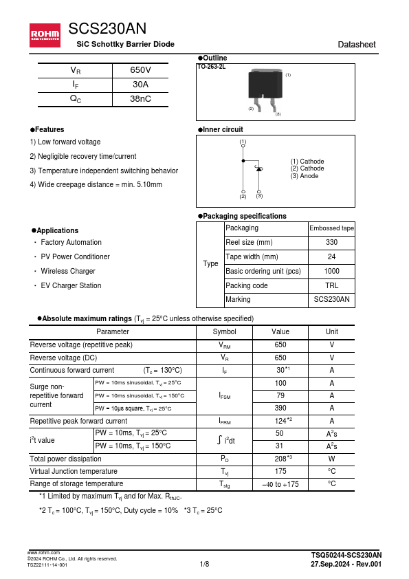 SCS230AN SiC Schottky Barrier Diode by ROHM - Datasheet Preview