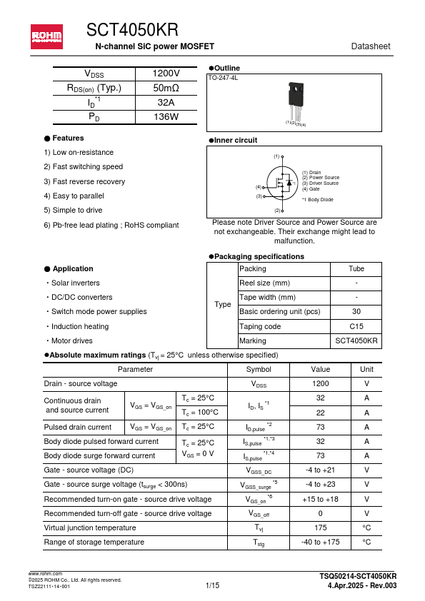 SCT4050KR N-channel SiC power MOSFET by ROHM - Datasheet Preview