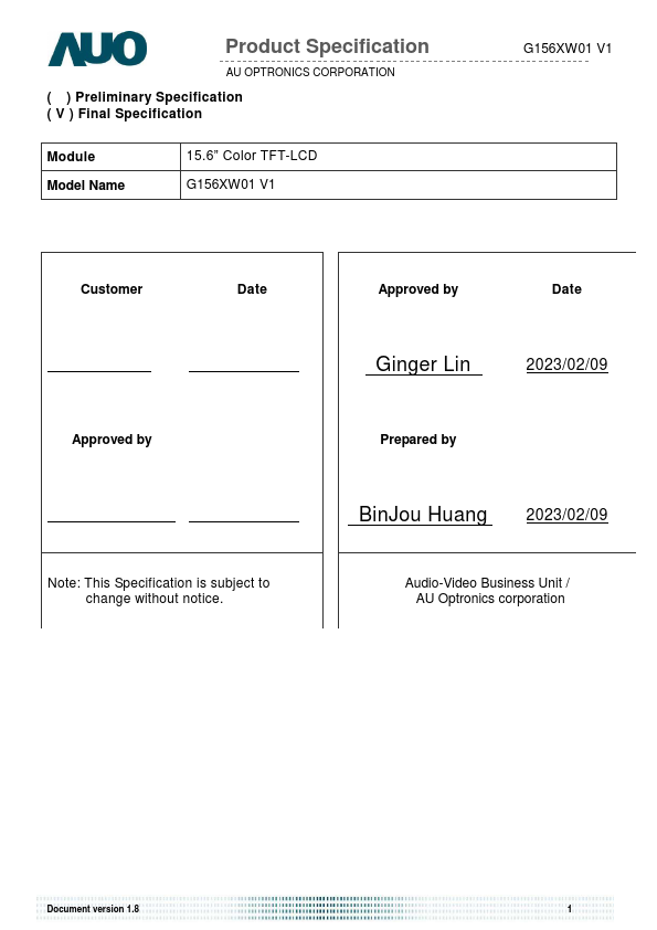G156XW01-V1 Datasheet Preview