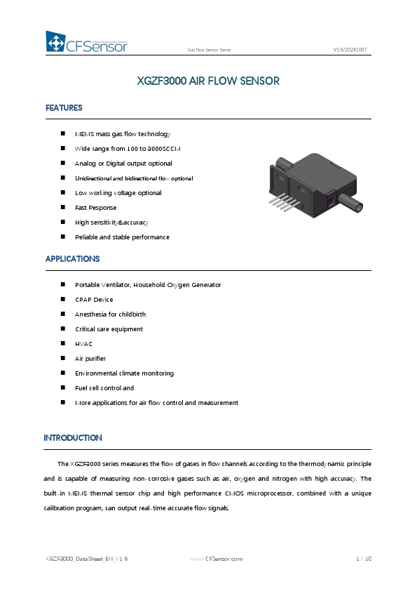 XGZF3000 Gas Flow Sensor by CFSensor - Datasheet Preview