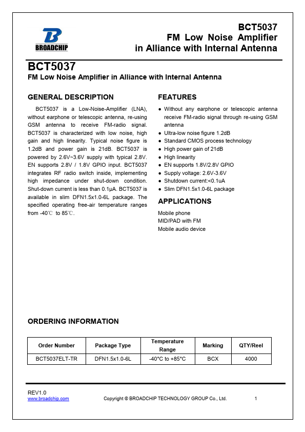 BCT5037 FM Low Noise Amplifier by BROADCHIP - Datasheet Preview