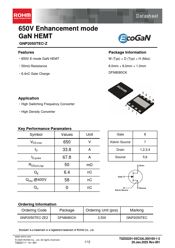 GNP2050TEC-Z 650V Enhancement mode GaN HEMT by ROHM - Datasheet Preview