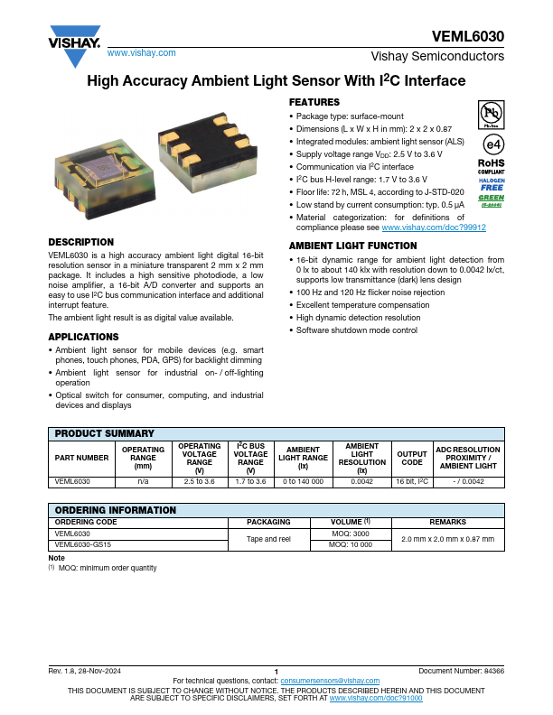 VEML6030 Datasheet Preview