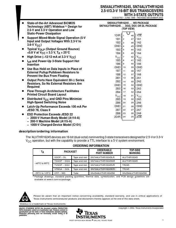 SN54ALVTHR16245 Datasheet Preview