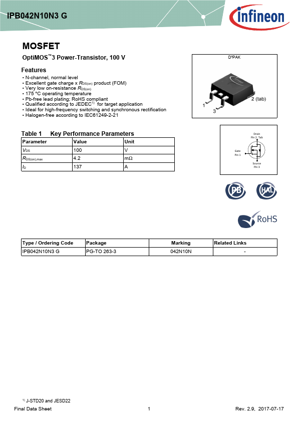 042N10N 100V MOSFET by Infineon - Datasheet Preview