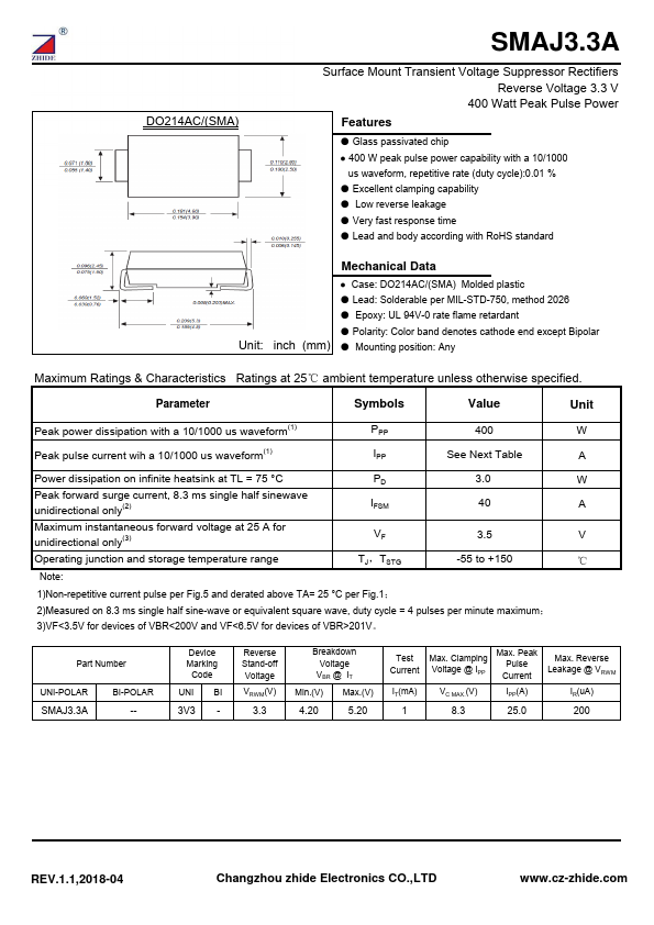 SMAJ3.3A Datasheet Preview