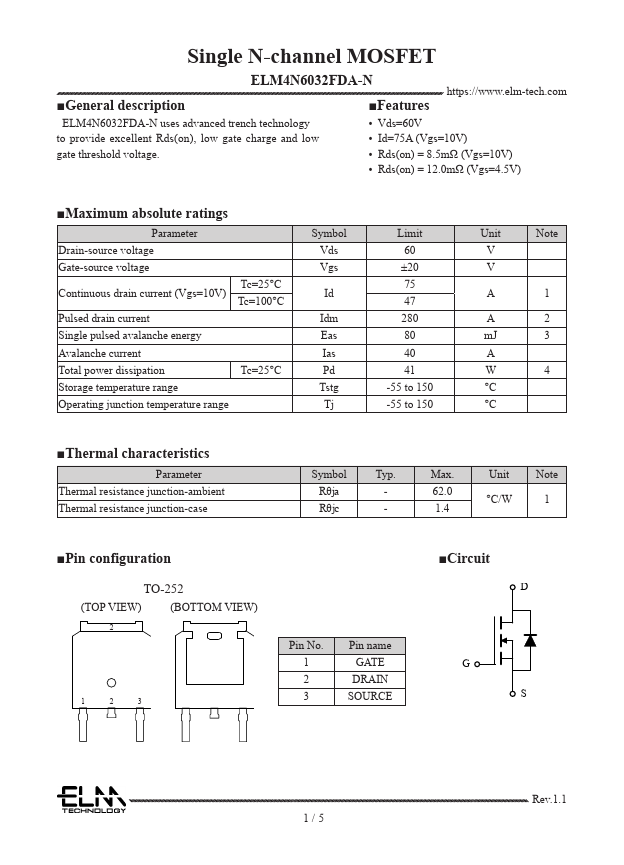 ELM4N6032FDA-N Single N-channel MOSFET by ELM - Datasheet Preview