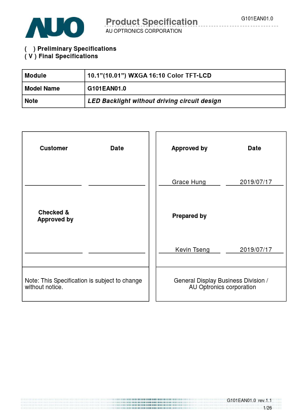 G101EAN01.0 Datasheet Preview