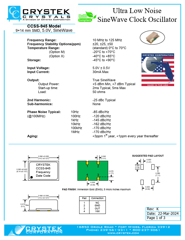 CCSS-945 Ultra Low Noise SineWave Clock Oscillator by CRYSTEK - Datasheet Preview