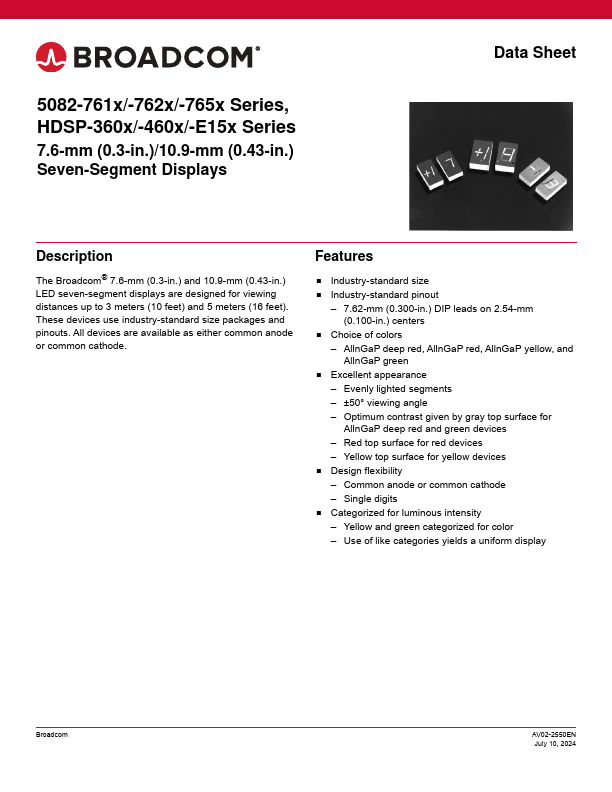 5082-7611 Seven-Segment Displays by Broadcom - Datasheet Preview
