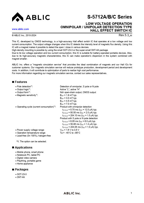 S-5712C HALL-EFFECT SWITCH-IC by ABLIC - Datasheet Preview