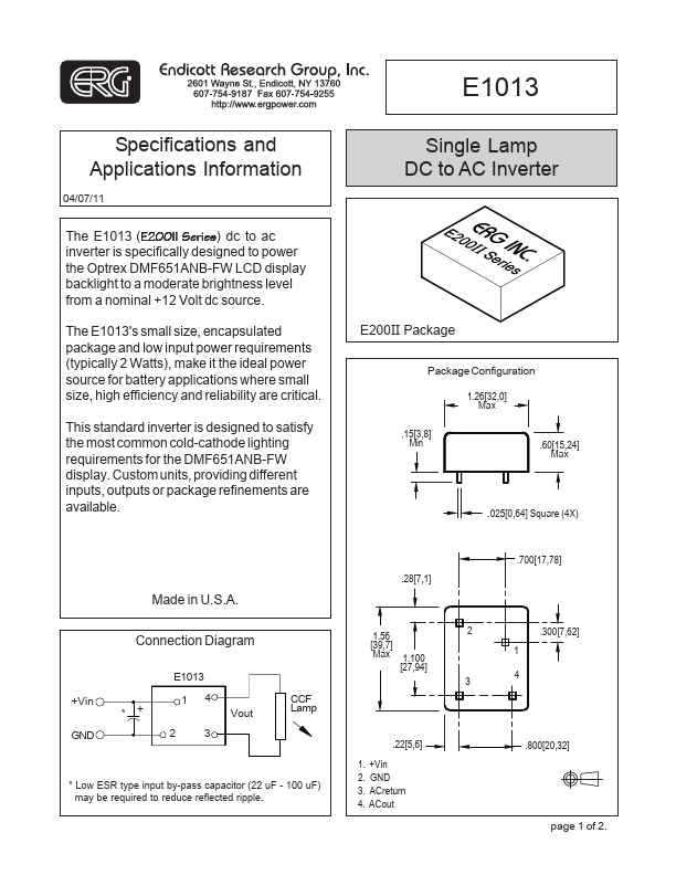 E1013 Single Lamp DC to AC Inverter by ERG - Datasheet Preview