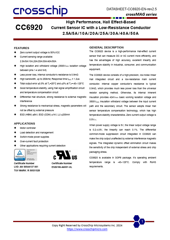 CC6920 High Performance Hall Effect-Based Current Sensor IC by CrossChip - Datasheet Preview