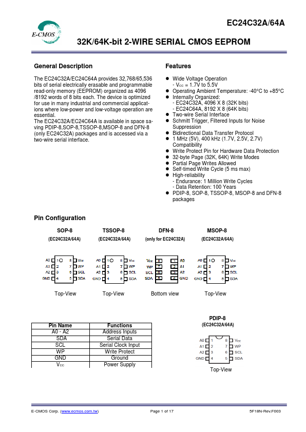 EC24C64A 64K-bit 2-WIRE SERIAL CMOS EEPROM by E-CMOS - Datasheet Preview