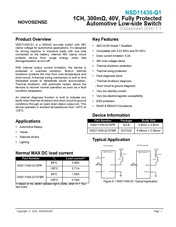 NSD11430-Q1 1CH 40V Fully Protected Automotive Low-side Switch by NOVOSENSE - Datasheet Preview