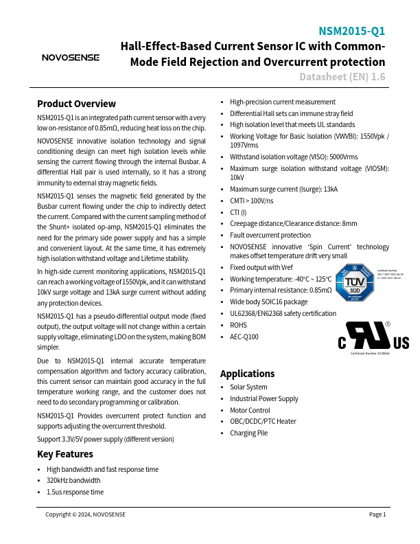 NSM2015-Q1 Hall-Effect-Based Current Sensor IC by NOVOSENSE - Datasheet Preview