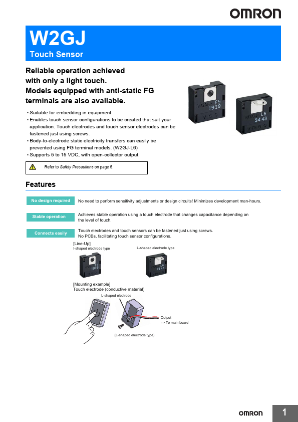 W2GJ-F5 Touch Sensor by OMRON - Datasheet Preview
