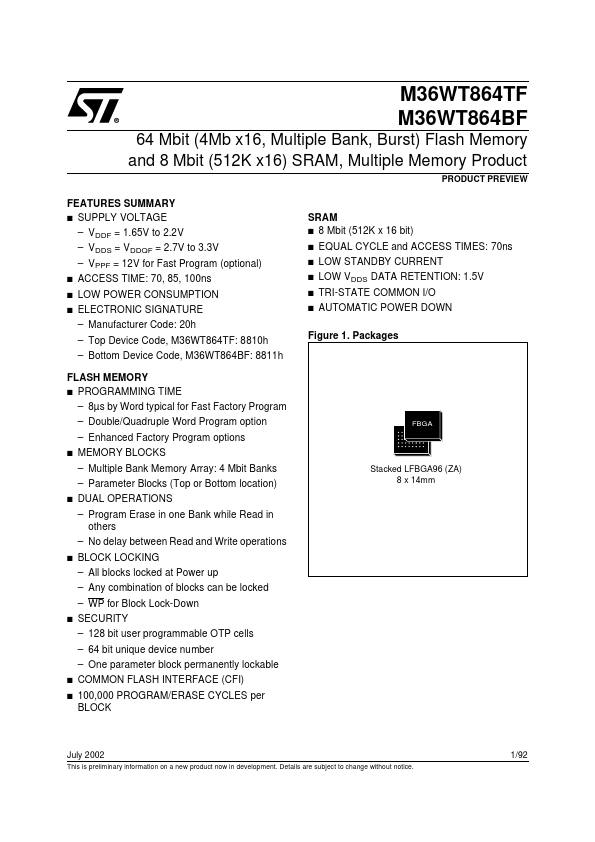 M36WT864TF Datasheet Preview