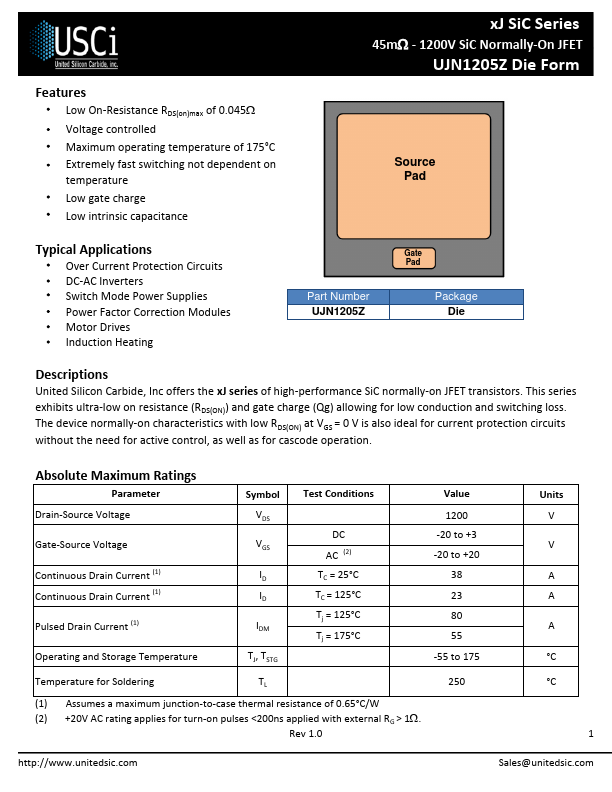 UJN1205Z 1200V SiC Normally-On JFET by UnitedSiC - Datasheet Preview