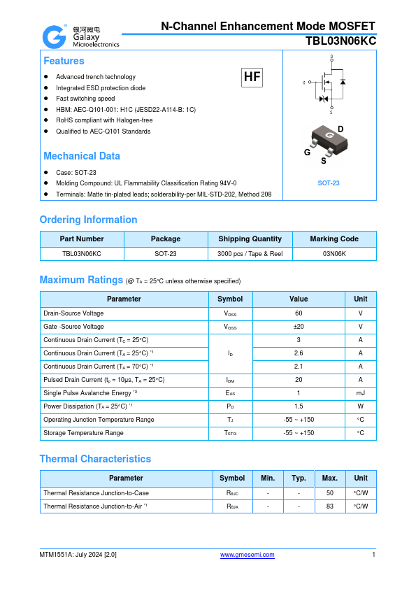 TBL03N06KC N-Channel Enhancement Mode MOSFET by GME - Datasheet Preview