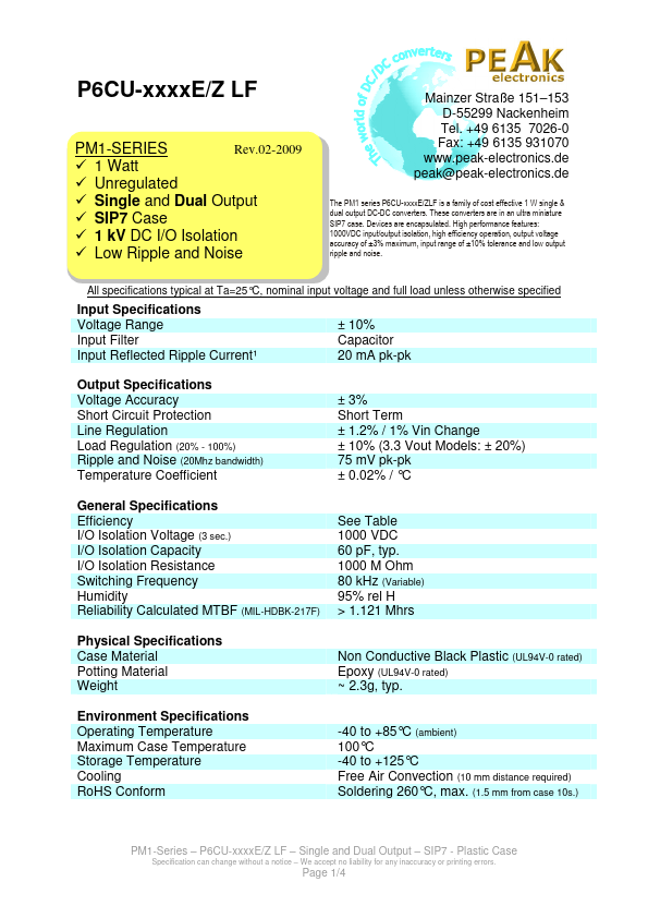 P6CU-487R2ELF DC/DC converters by PEAK electronics - Datasheet Preview