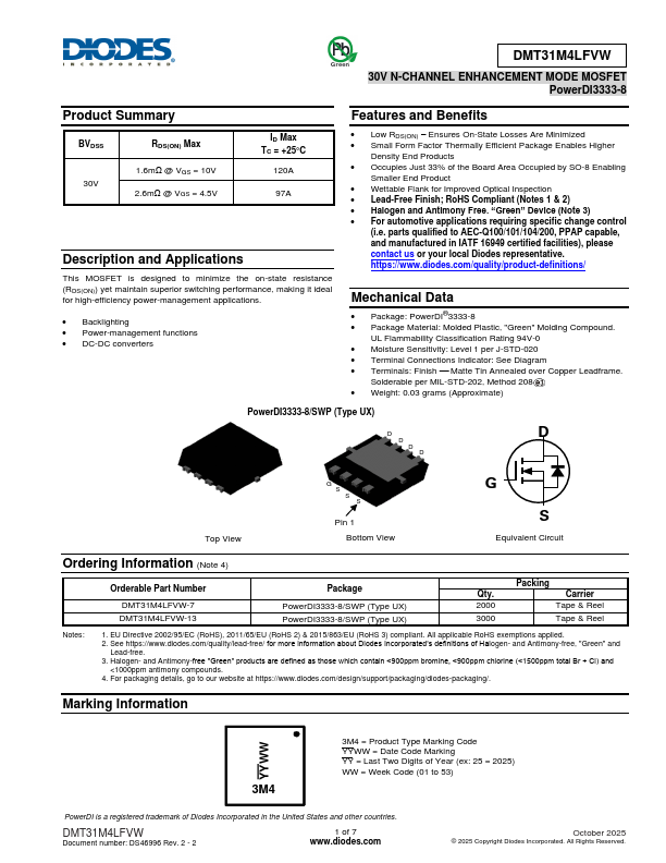 DMT31M4LFVW 30V N-CHANNEL ENHANCEMENT MODE MOSFET by DIODES - Datasheet Preview