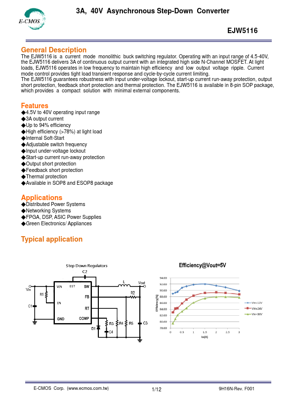 EJW5116 3A 40V Asynchronous Step-Down Converter by E-CMOS - Datasheet Preview